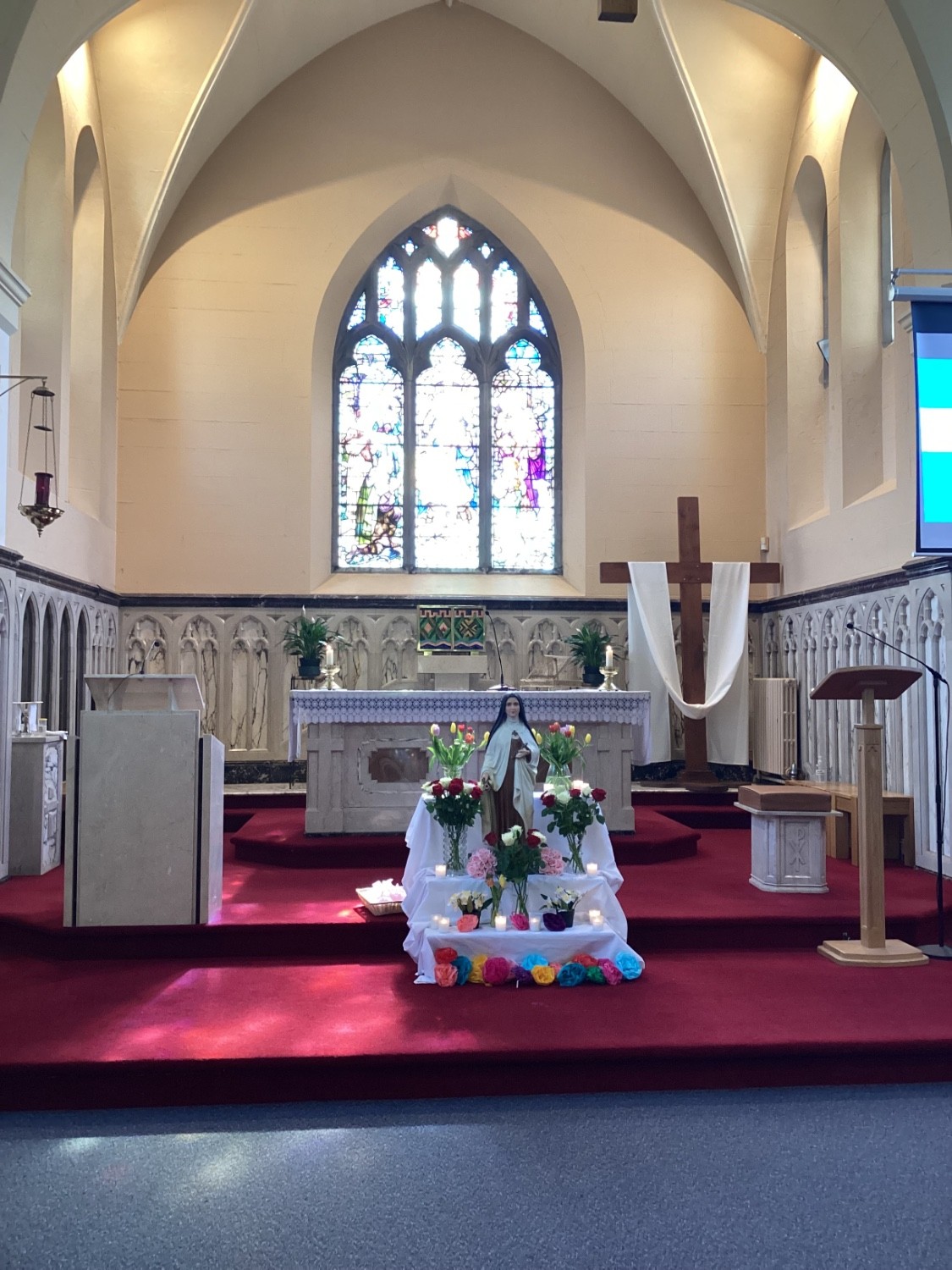 Our St. Therese shrine in the church sanctuary.